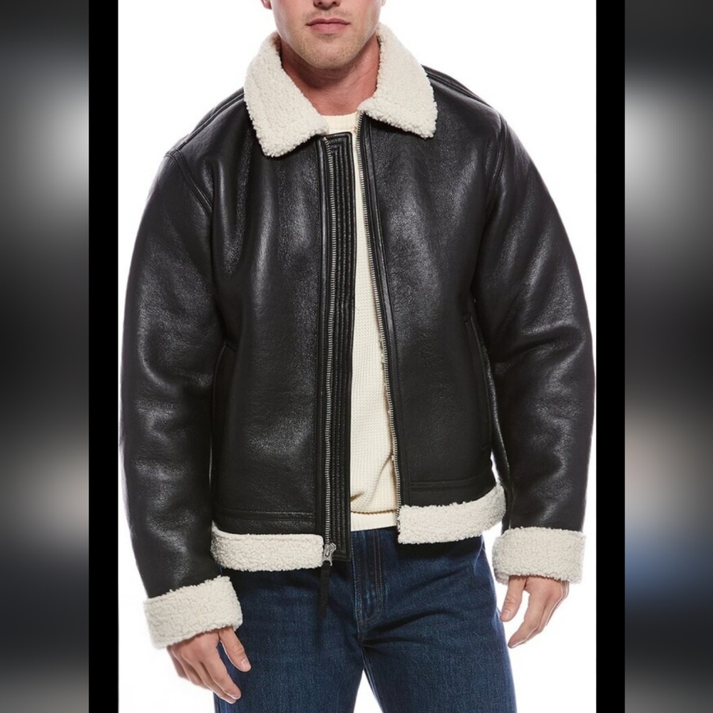 Hudson Black Faux Leather Bomer Jacket with Cream Sherpa Lining